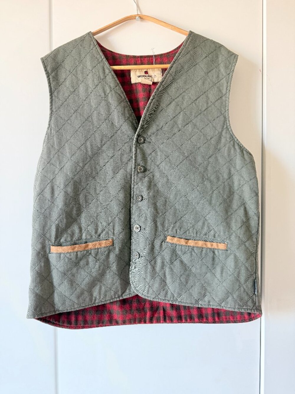 Woolrich Sage Green Quilted Vest Buffalo Plaid Flannel Lined Mens M
